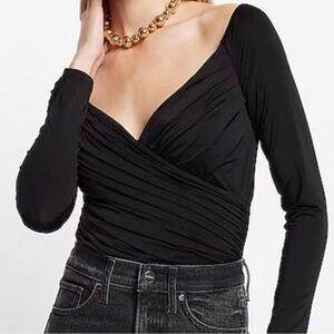 Express Body Contour Compression Silky Long Sleeve Wrap Top - Black
